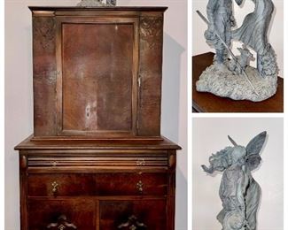 German, Burled Walnut Cupboard 
(book matched) 
Fairy with a Hunter + Dog figurine (resin)
- Pool House 