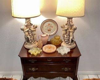 Vintage Indiana Glass, Diamond Point Nut or Trinket dishes 
2 Ruffled Soft Yellow, 3 Ruffled Clear, 3 Pale Pink dessert dishes, Pink Fairy Lamp 
-Pool House 