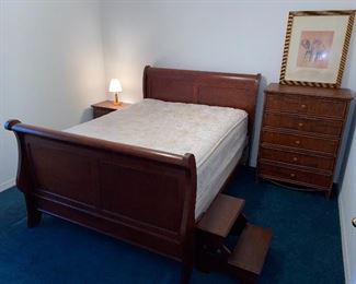 Double Sleigh bed, bed steps, Reeded Rattan Tall chest, 
- Guest House 