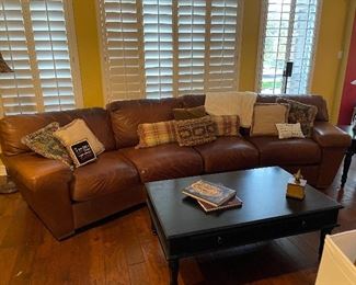 Brown Leather Sofa, Coffee table