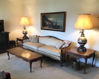 Vintage Sofa, Coffee Table, Pair of End Tables and Pair of Hollywood Regency Lamps