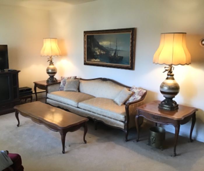 Vintage Sofa, Coffee Table, Pair of End Tables and Pair of Hollywood Regency Lamps