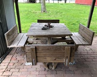 Handmade wooden table with four attached benches 2/2