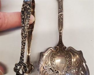 Sterling sugar tongs and spoon