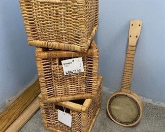 Decorative baskets with tags, musical instrument (as is)