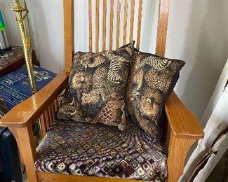 Mission style rocker, jungle throw pillows