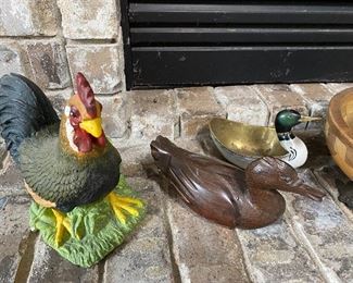 Rooster, wood duck and brass duck statues