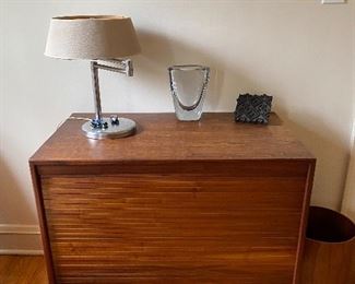 Jens Risom R cabinet with tambour door 36w x 21d x 32h,  Von Nessen Articulated Chrome Table Lamp