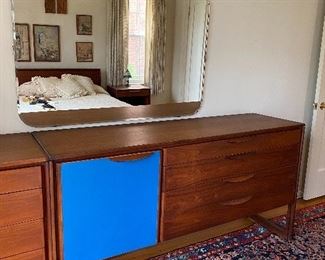 Jens Risom Walnut Cabinet with Sleigh base leather covered door Model #6362   65.25w x 19d x 35h