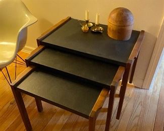 Jens Risom Nesting Tables with Black Laminate tops Model 4049, 26 x 17.5d x 21h (Chair was taken by family)