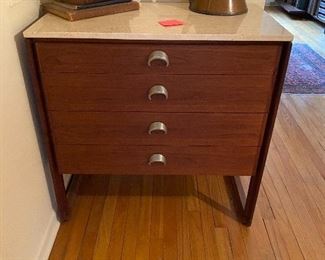 Jens Risom 4 drawer Walnut Chest With a Filled Travertine Marble top, Sleigh base, Crescent shaped brush Aluminum  Pulls Model #6630 33.5 x 19d x 35h