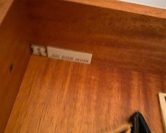 Jens Risom 4 drawer Walnut Chest With a Filled Travertine Marble top, Sleigh base, Crescent shaped brush Aluminum  Pulls Model #6630 33.5 x 19d x 35h