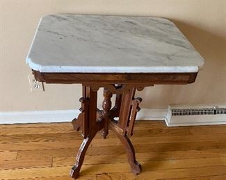 Antique A.H. Heilman Eastlake Victorian Walnut Burl Marble Top Parlor Side Table 24w x 18d x 28h