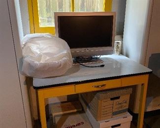 Mid Century Vintage Porcelain Enamel Top Kitchen Table/ writing desk w/drawer