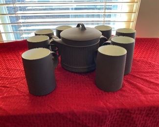 Vintage Dansk flamestone coffee pot, cups and covered casserole. 1 minor chip