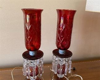 1930s Vintage Cranberry Glass Prism Hurricane Lamps
