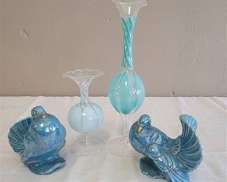 2 Blue Glass Vases and a Pair of Blue Porcelain Birds