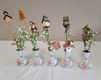 Miniature Porcelain Vases w/ Birdhouse Decor