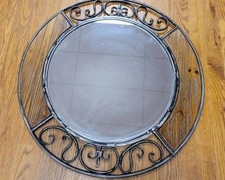 Large Round Wood And Metal Mirror