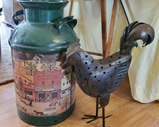 Large 10 gallon milk jug (about 24" tall); cute metal rooster (opens to put candle inside).