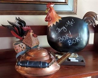 Solid copper tea kettle, cute googly eyed chicken chalk board