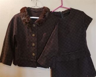 Stunning! Three piece European suit - mini skirt (unhemmed), blouse and matching jacket with mink collar
