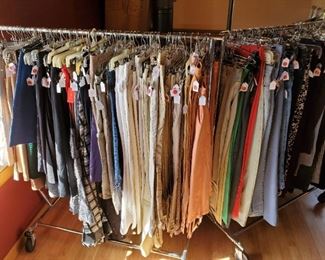 Ladies vintage pants and skirts. Maxi and mini skirts; full swing, a line - many styles. Dress pants, casual and jeans. Some high waisted wide leg styles. Dates from 1970s to 1990s, most size 2 to 4