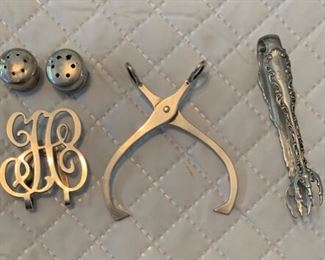 Assorted Sterling Tongs, Clip and Salt/Pepper Lids