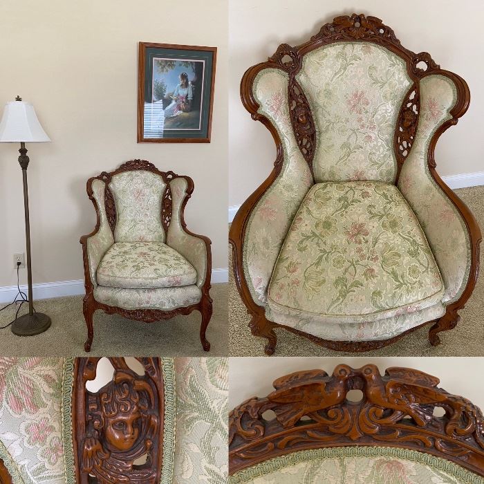 Antique Victorian Heavily Carved Upholstered Arm Chair