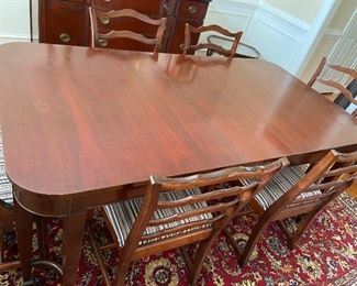 Vintage Duncan Phyfe Style Dining Table with Leaf, Custom Made Protection Pads & Set of 6 Chairs