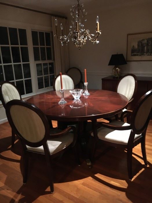 6 dining chairs. Clean velour upholstery, very comfortable for long dinners. Set is $450. Table is already sold to new owner.