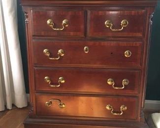 Lovely inlaid chest is missing one socket of one pull but the replacement is on order and will be provide next week.  $200