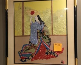 "Lady Asano"by Hisashi Otsuka, in superb condition with elegant frame, silk mat, gold tone metal liner and second mat.  The image is created with layers of hand cut papers and fabrics.  $900
