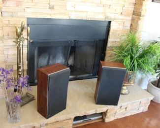 Vintage speakers, brass fireplace set
