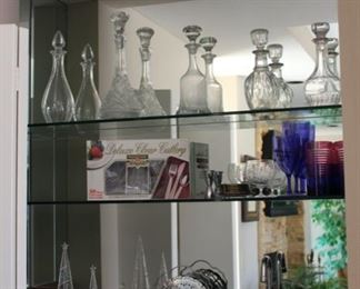 Decanters, crystal, bar items, glassware