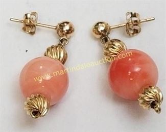 14k gold pink jade earrings