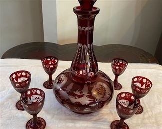 Vintage etched glass decanter set