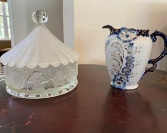 Goebel Crystal Holiday Circus Tent candy dish, Blue with gold trim pitcher
