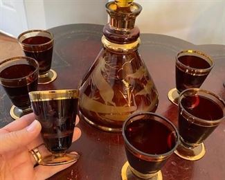 Antique Cranberry Etched glass decanter set