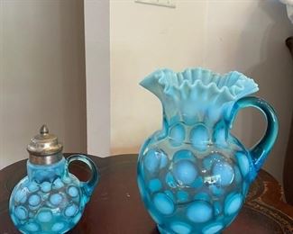 Antique Blue "Coin Dot" Ruffled Edge pitcher and syrup jar with original lid. Possibly Fenton. 