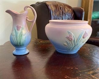 Large Selection of HULL Pottery. Tulip pattern. Jardinier abt. 1938 on right. 