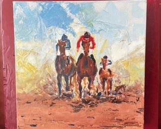 Reduced! was $225, now $125. Horse Race "Charging"  oil on board by local artist