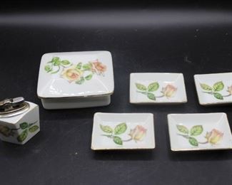 Antique Made in Japan Rose Trinket Box, Trays, & Lighter