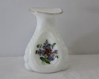 Vintage Hand Painted Floral Milk Glass Vase