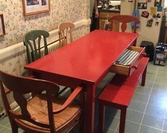 Red farm table, bench and 4 chairs
