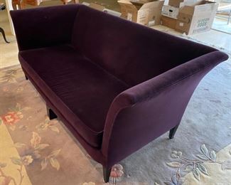 Mid Century Modern Depression Modern Vintage Velvet Sofa in Eggplant Purple $1200             Dimensions: 29H x 32D x 68L