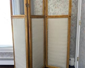 Antique 19thc French Gilt Screen with silk paneling $6,500.     Dimensions: 66H x each panel 20.5"W                                       