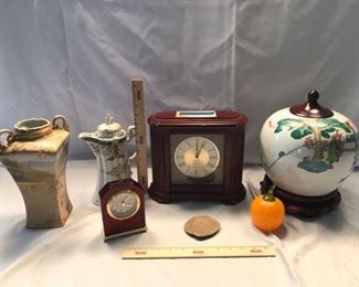 Asian Inspired Urn, Coffee Pot, and Clocks Lot