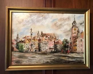 Signed Glazenski Oil on Canvas Town Square