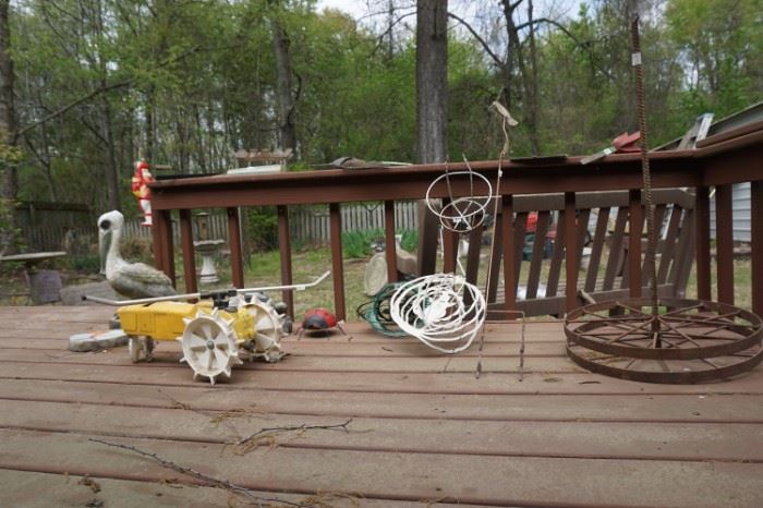 Yard ornaments, Neilson tractor lawn sprinkler, concrete pelican